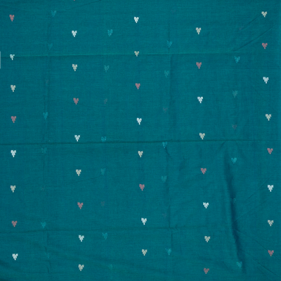 Cyan Handloom Bengal Cotton Saree With Temple Motifs