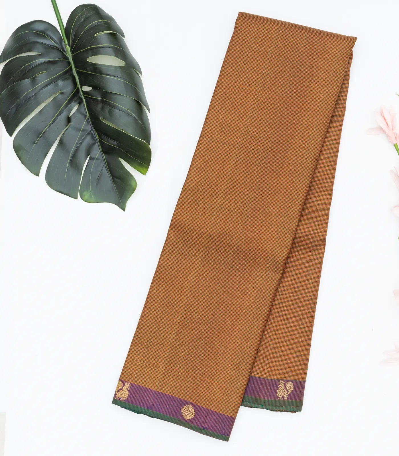 Brown Handloom Kanchipuram Silk Saree With Checks