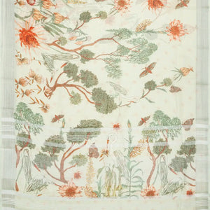 Off White Handloom Linen Saree With Printed Bird Motifs