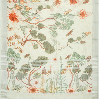 Off White Handloom Linen Saree With Printed Bird Motifs
