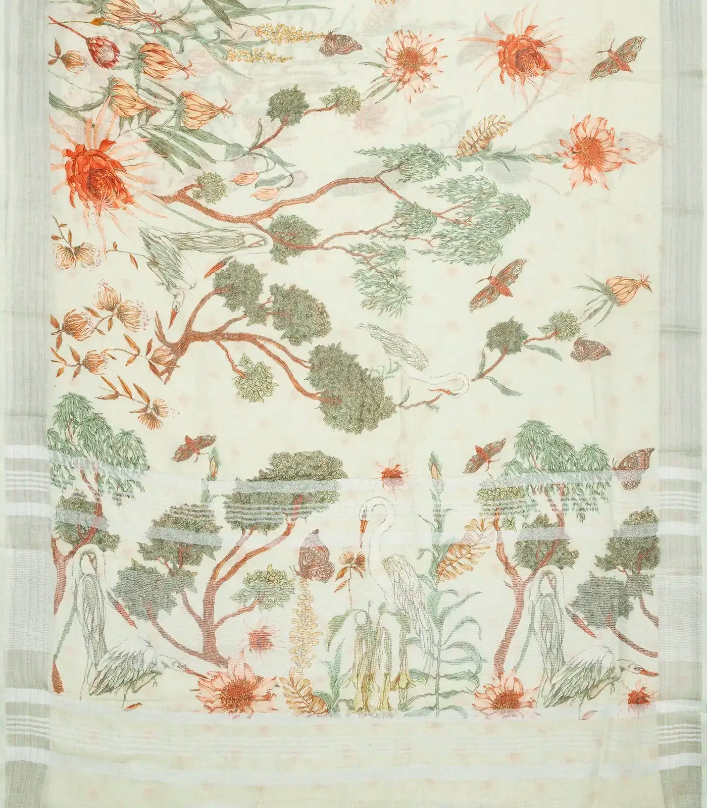 Off White Handloom Linen Saree With Printed Bird Motifs