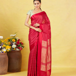 Red Crepe Silk Saree With Zari Checks