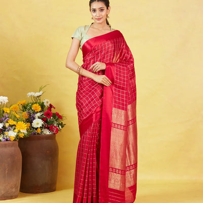 Red Crepe Silk Saree With Zari Checks