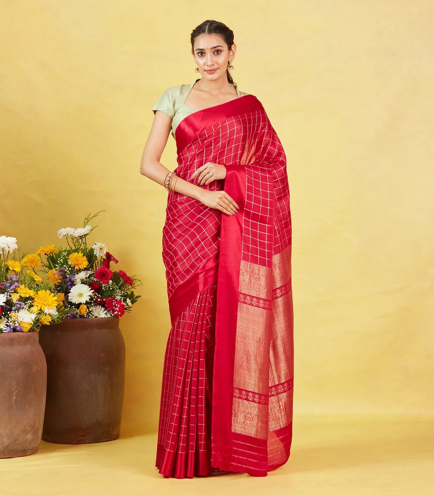 Red Crepe Silk Saree With Zari Checks