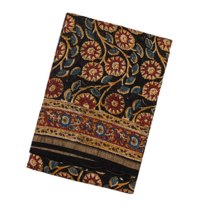 Black Handloom Chanderi Cotton Saree With Printed Floral Vine Motif