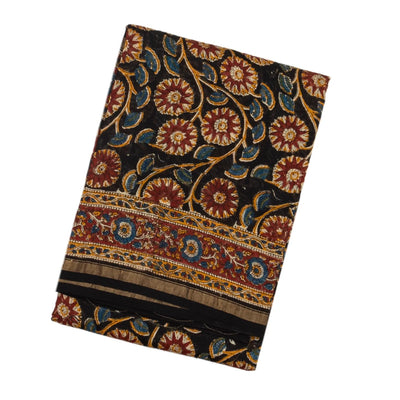 Black Handloom Chanderi Cotton Saree With Printed Floral Vine Motif