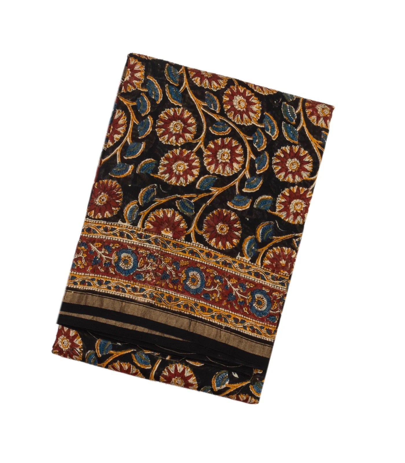 Black Handloom Chanderi Cotton Saree With Printed Floral Vine Motif