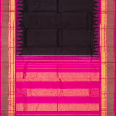 Black Handloom Kanchipuram Korvai Silk Saree With Contrast Pink Border