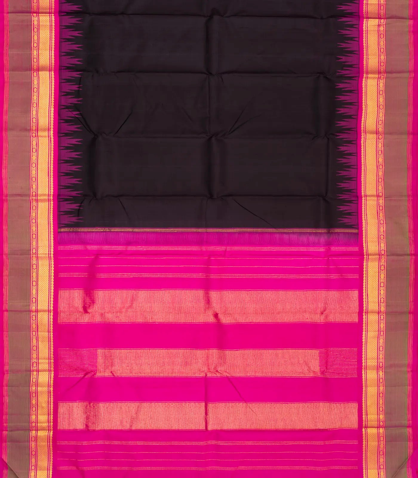 Black Handloom Kanchipuram Korvai Silk Saree With Contrast Pink Border
