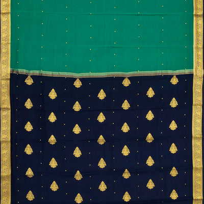 Sea Green Mysore Crepe Silk Saree With Coin Buttas & Navy Blue Zari Border
