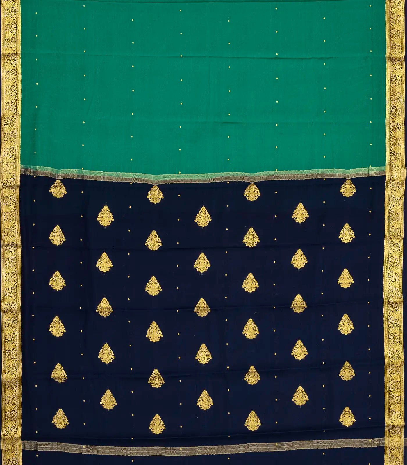 Sea Green Mysore Crepe Silk Saree With Coin Buttas & Navy Blue Zari Border