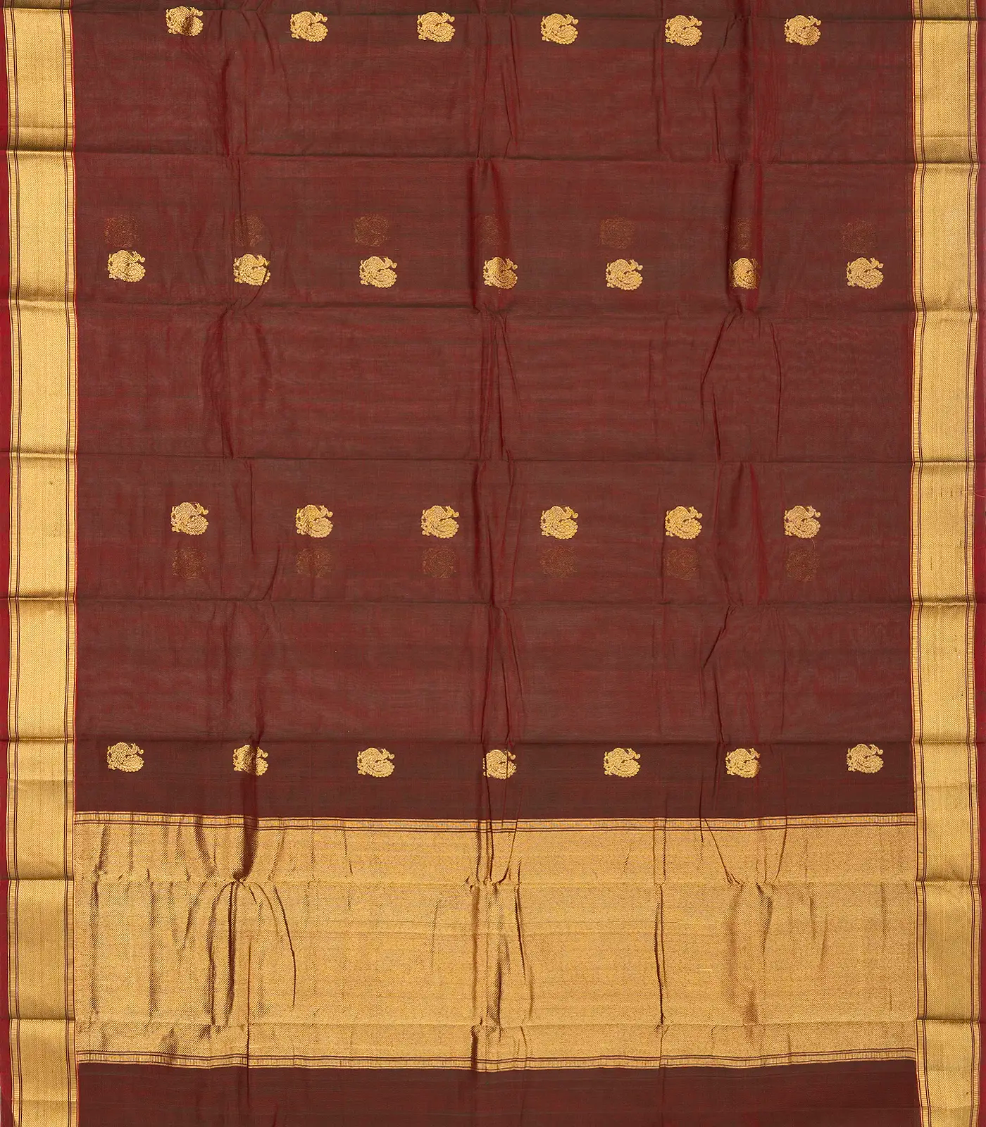 Brown Handloom Kanchi Cotton Saree With Annam Buttas