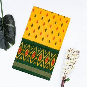 Yellow Handloom Ikat Silk Saree With Triangle Motifs