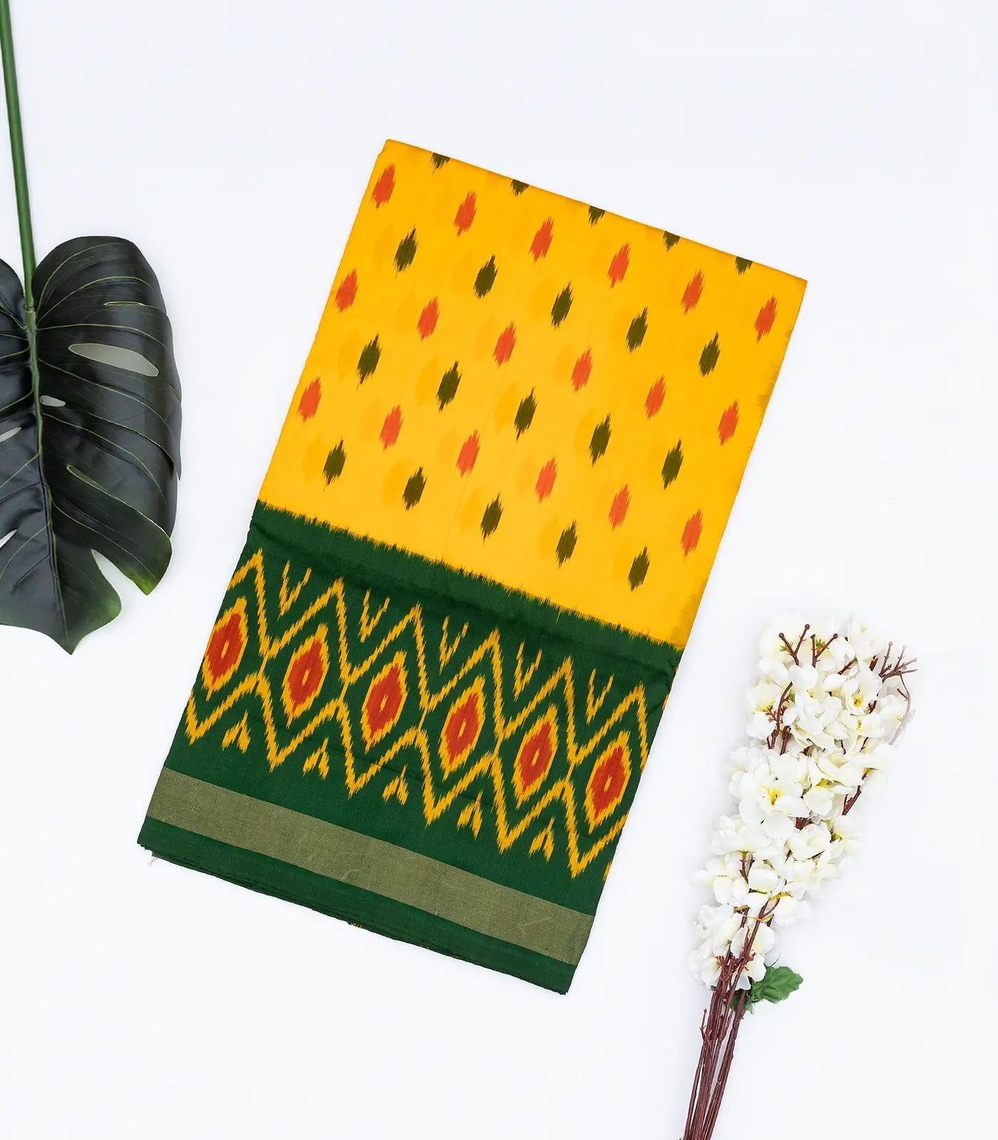 Yellow Handloom Ikat Silk Saree With Triangle Motifs