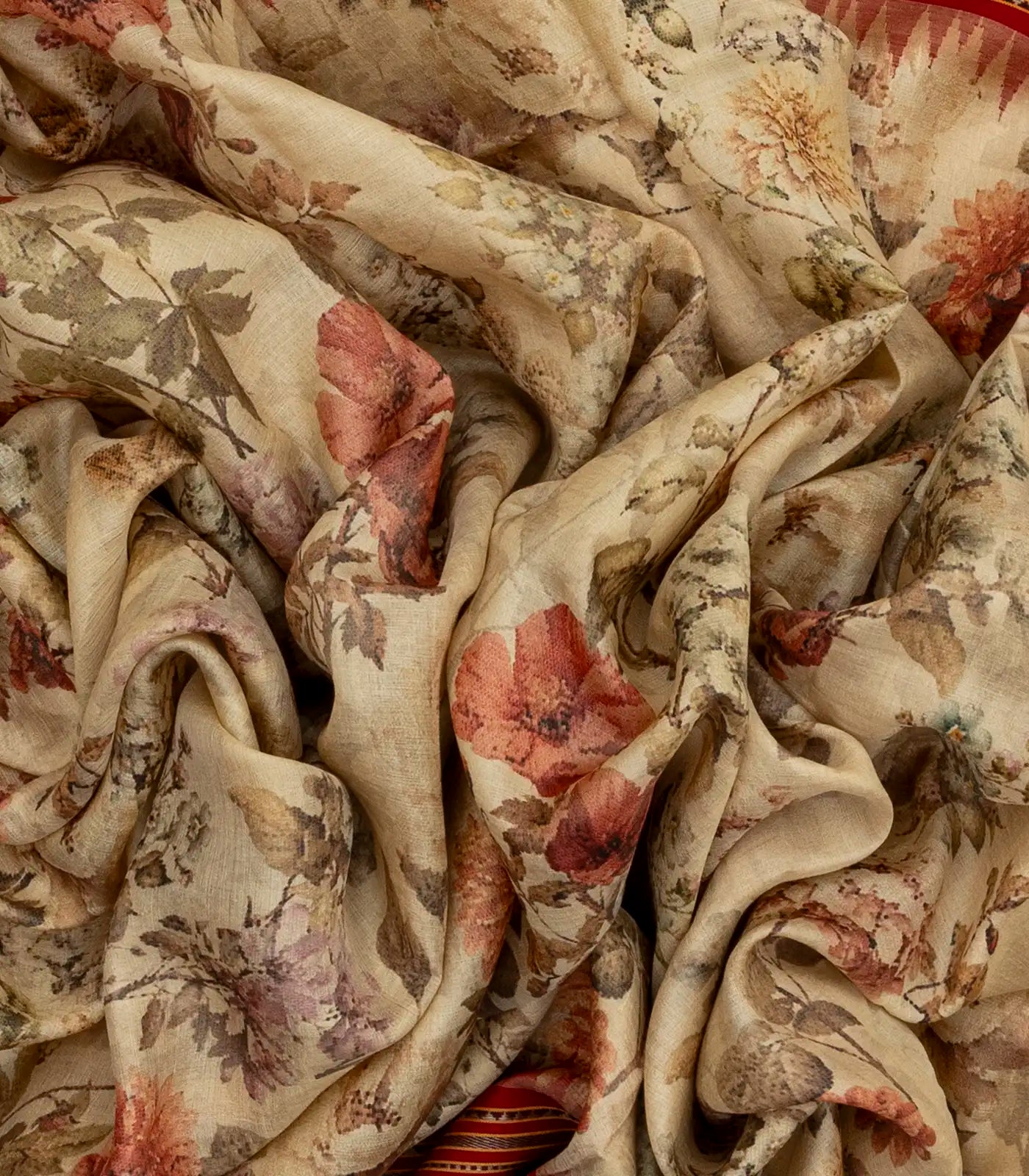 Beige Handloom Tussar Silk Saree With Printed Floral Motifs & Contrast Border