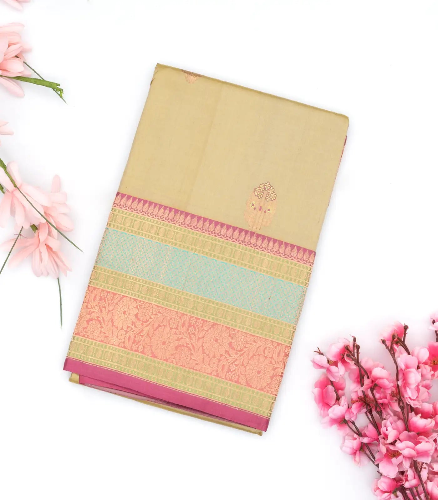 Taupe Handloom Banarasi Silk Saree With Meena Floral Buttas