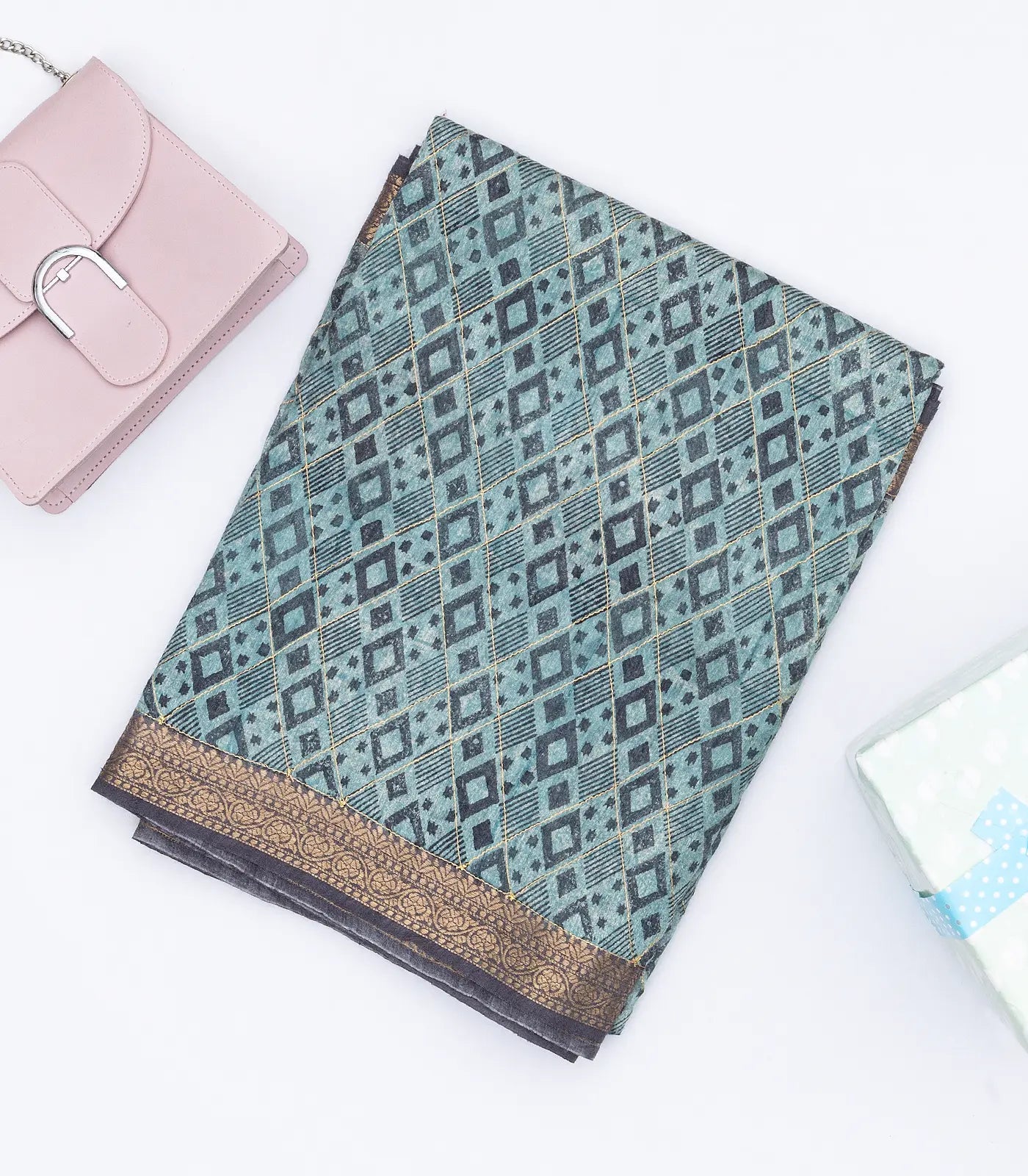 Light Blue Handloom Tussar Silk Saree Printed With Triangle Motifs