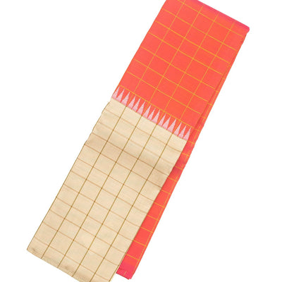 Peach Handloom Kanchipuram Korvai Silk Saree With Checks