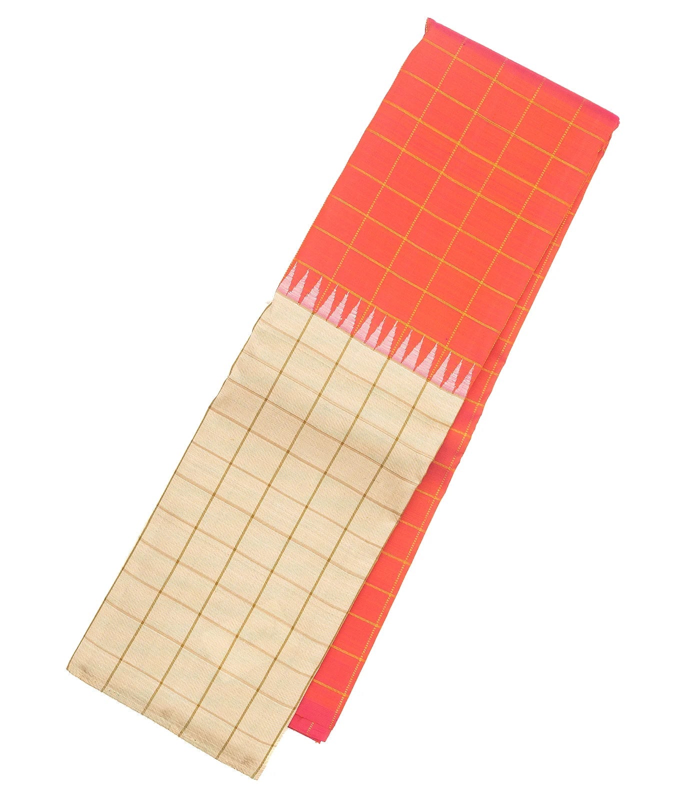 Peach Handloom Kanchipuram Korvai Silk Saree With Checks