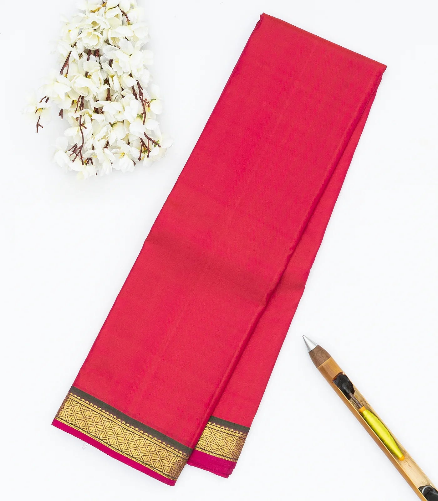 Hot Pink Handloom Kanchipuram Silk Saree With Zari Border