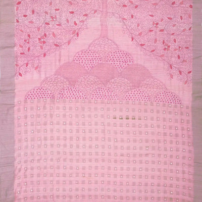 Pink Handwoven Linen Saree With Tree of Life Embroidery Motifs