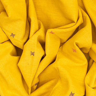 Turmeric Yellow Handloom Bhujodi Cotton Saree With Cross Buttas