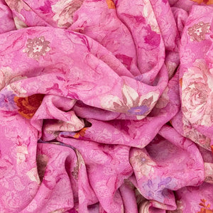 Bubble-gum Pink Woven Digital Printed Chiffon Silk Saree With Floral Motifs