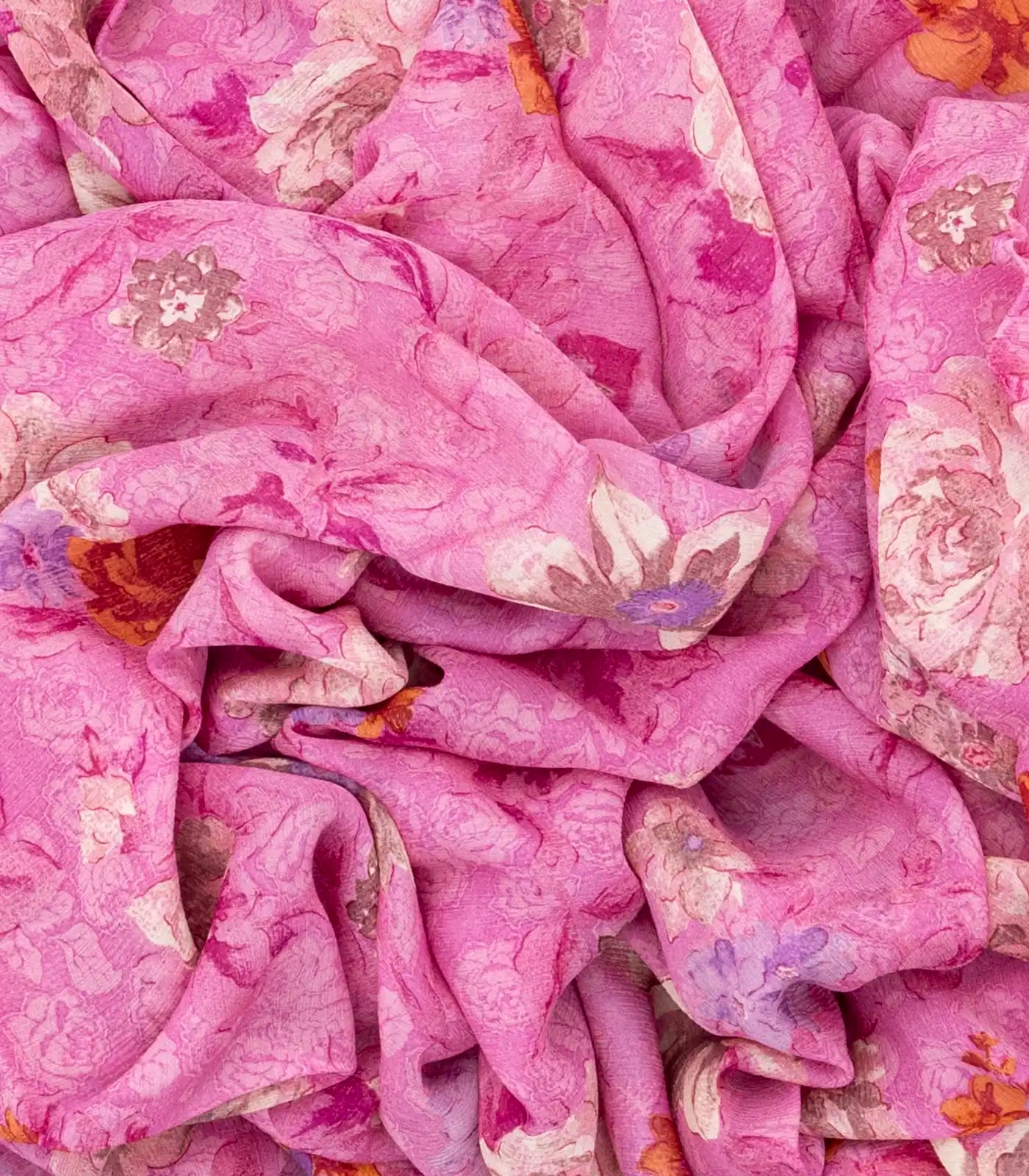 Bubble-gum Pink Woven Digital Printed Chiffon Silk Saree With Floral Motifs