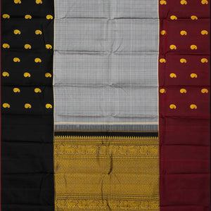 Grey Handloom Kanchipuram Silk Saree With Checks & Buttas