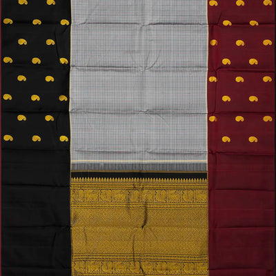 Grey Handloom Kanchipuram Silk Saree With Checks & Buttas