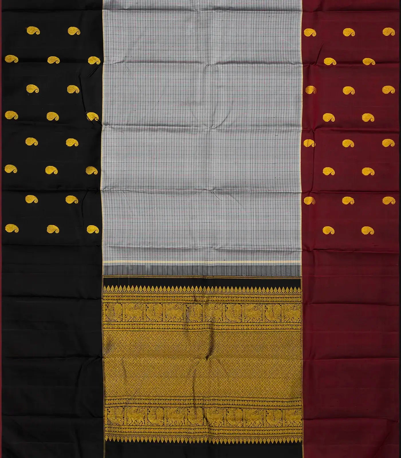 Grey Handloom Kanchipuram Silk Saree With Checks & Buttas