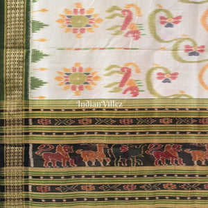 Off-White Animal Flower Theme Khandua Silk Saree