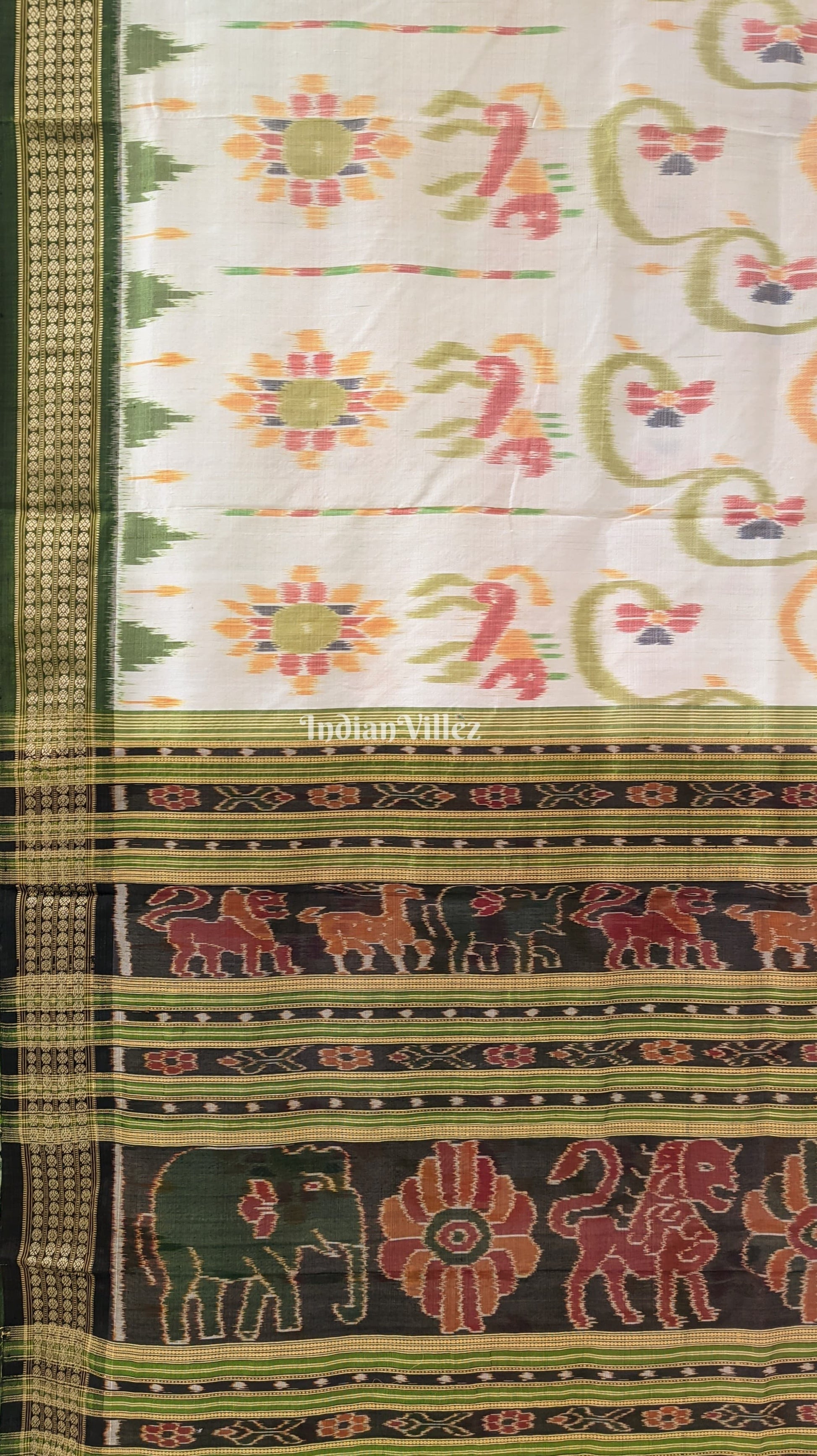 Off-White Animal Flower Theme Khandua Silk Saree