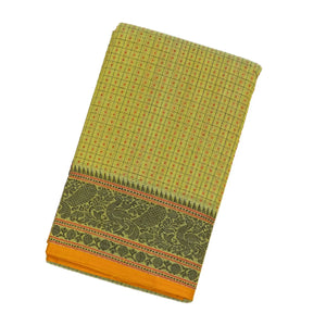 Cardamom Green Handloom Kanchi Cotton Saree With Checks & Square Motifs