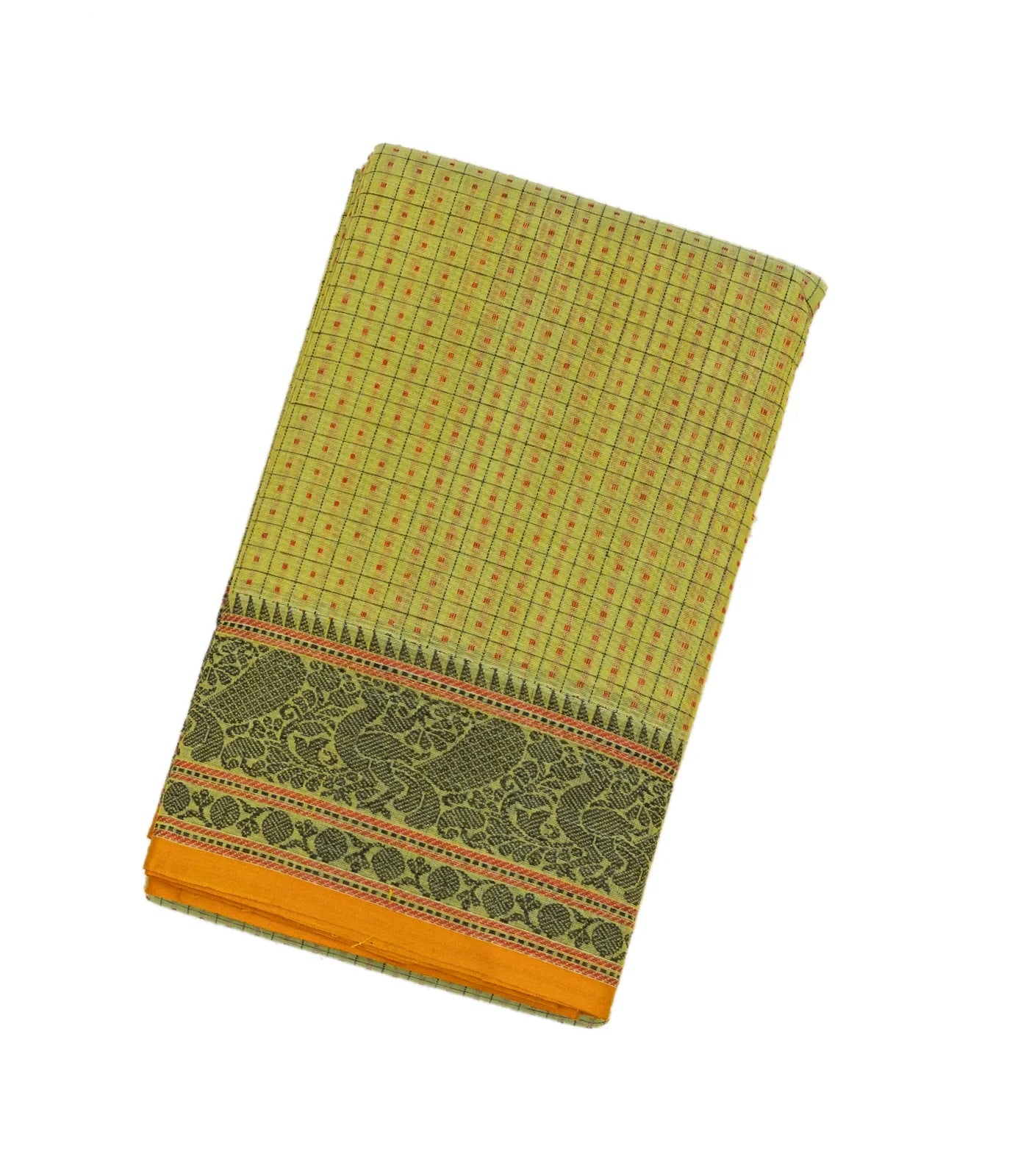 Cardamom Green Handloom Kanchi Cotton Saree With Checks & Square Motifs