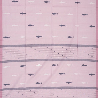 Baby Pink Handloom Bengal Cotton Saree With Fish Motifs