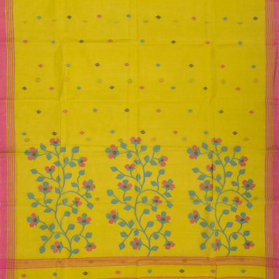 Olive Green Bengal Cotton Saree With Diamond Motifs