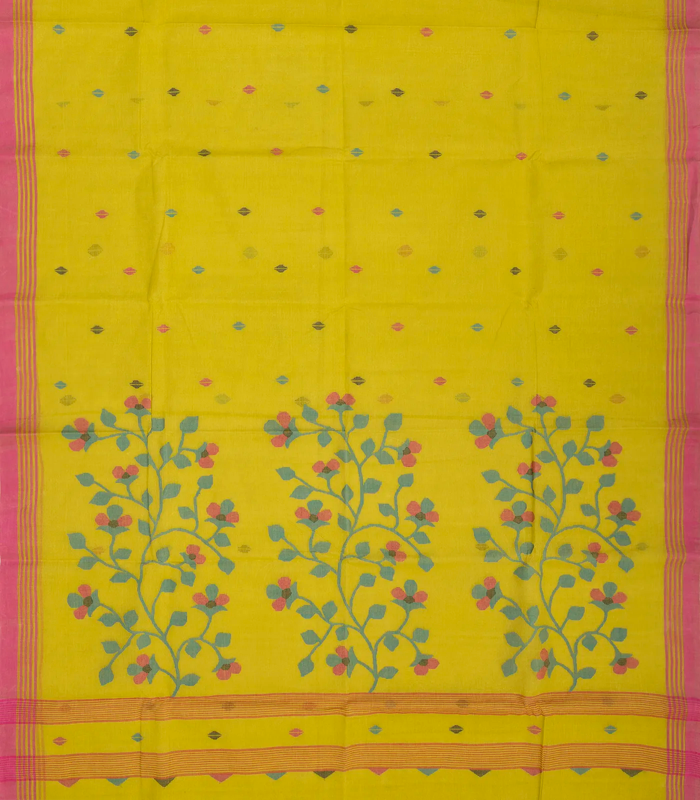 Olive Green Bengal Cotton Saree With Diamond Motifs