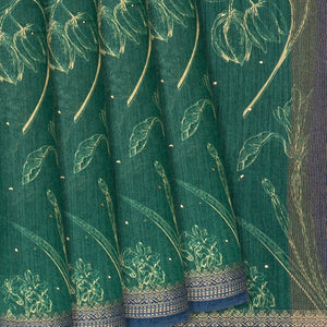 Sea Green Handloom Tussar Silk Saree With Printed Floral Motifs-Sea Green