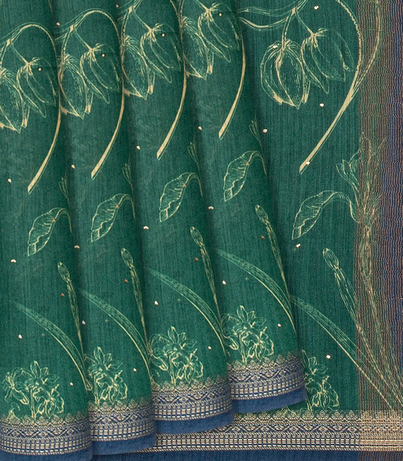 Sea Green Handloom Tussar Silk Saree With Printed Floral Motifs-Sea Green