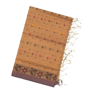 Brown Bengal Cotton Saree With Floral Motifs