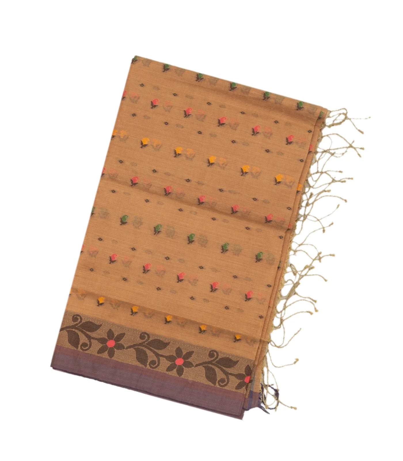 Brown Bengal Cotton Saree With Floral Motifs