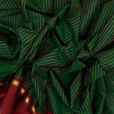 Dark Green Handloom Kanchi Cotton Saree With Zari Stirpes & Maroon Border