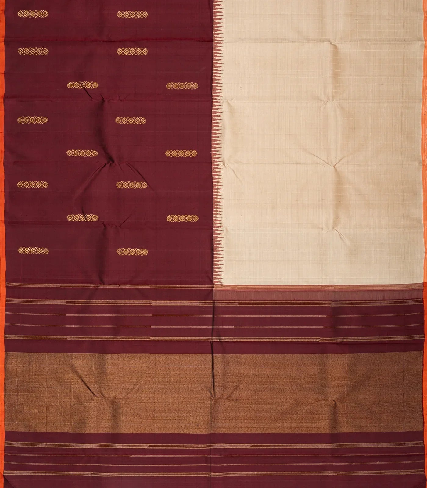 Taupe & Maroon Handloom Kanchipuram Half & Half Korvai Silk Saree