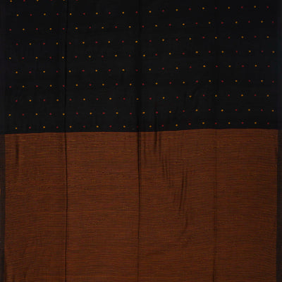Black Handloom Bengal Cotton Saree With With Yellow and red buttis