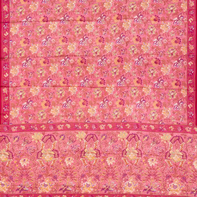 Baby Pink Woven Digital Printed Satin Silk Saree With Floral Motifs