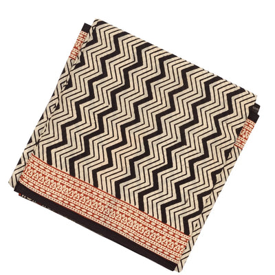 Black Woven Jaipur Cotton Saree Printed With Cream Chevron Motifs