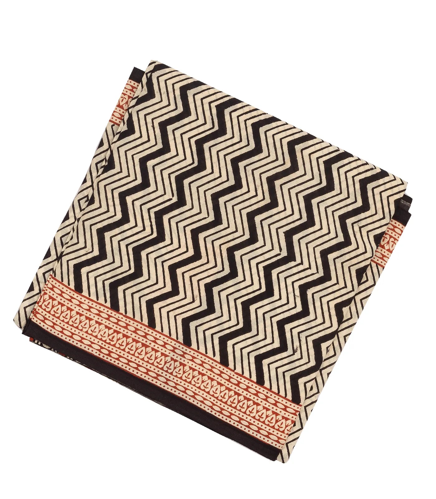 Black Woven Jaipur Cotton Saree Printed With Cream Chevron Motifs