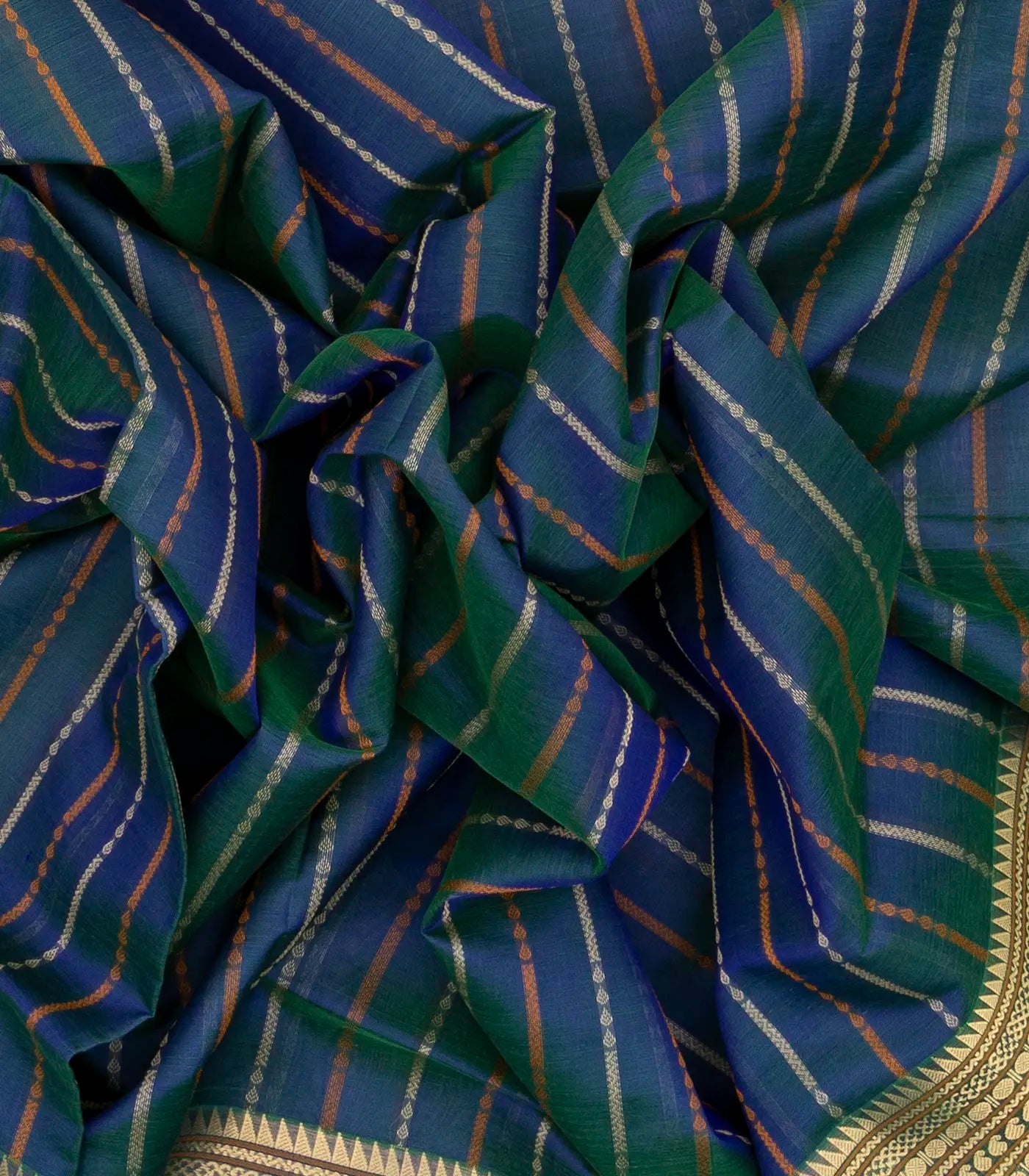 Blue Handloom Silk Cotton Saree With Stripes & Zari Border