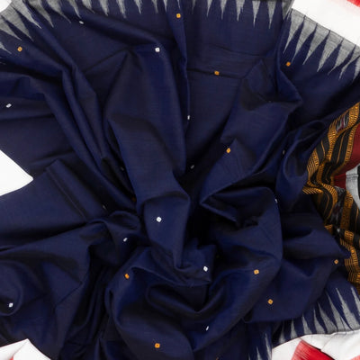 Midnight Blue Orissa Cotton Saree With Tie & Dye And Temple Border Motifs